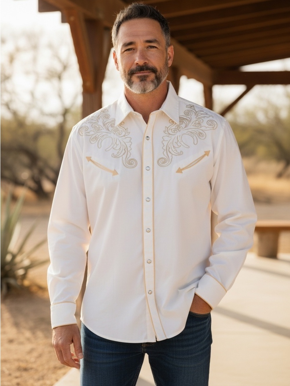 Patron Cito Red Label Western Shirt 2XL White Gold Embroidered Pearl Snap Cowboy